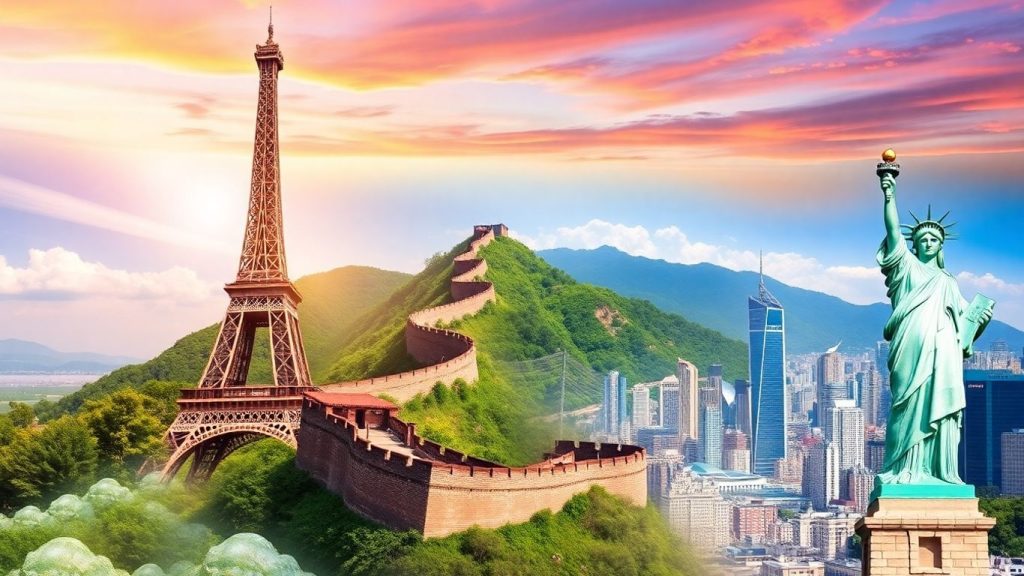 Global landmarks and diverse landscapes indicating world economies.