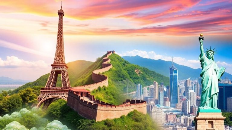 Global landmarks and diverse landscapes indicating world economies.