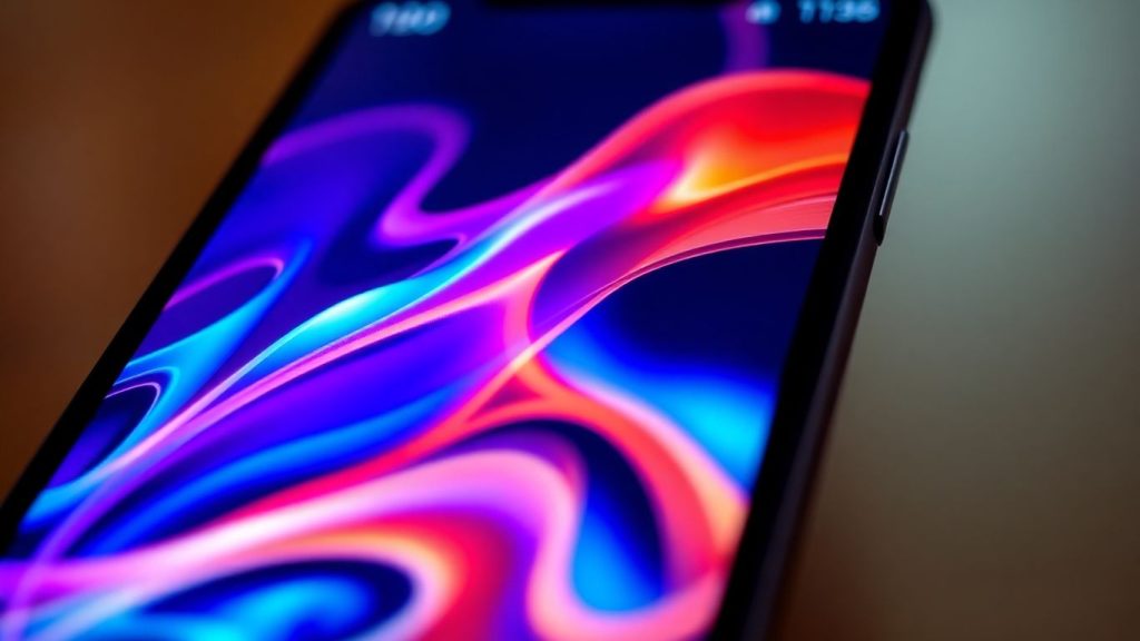 Smartphone screen with abstract digital patterns.