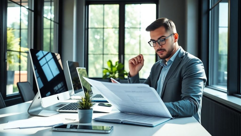 Investor reviews documents at modern, sunlit workspace with laptop.