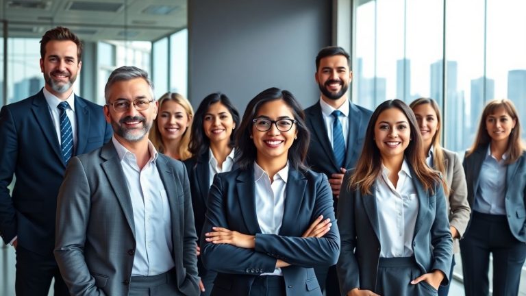 Diverse entrepreneurs in offices with city skylines behind them.