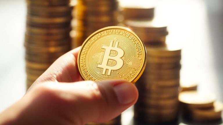 Golden coin held in hand, financial growth.