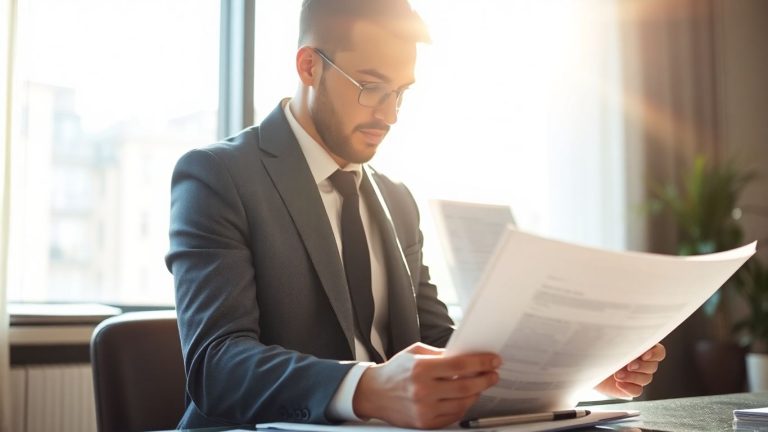 Person reviewing financial documents in a bright office.