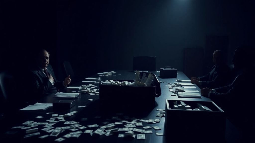 Shadowy boardroom table with cash and briefcases