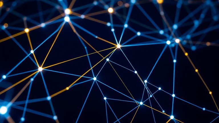 Interconnected glowing lines forming a complex financial network.