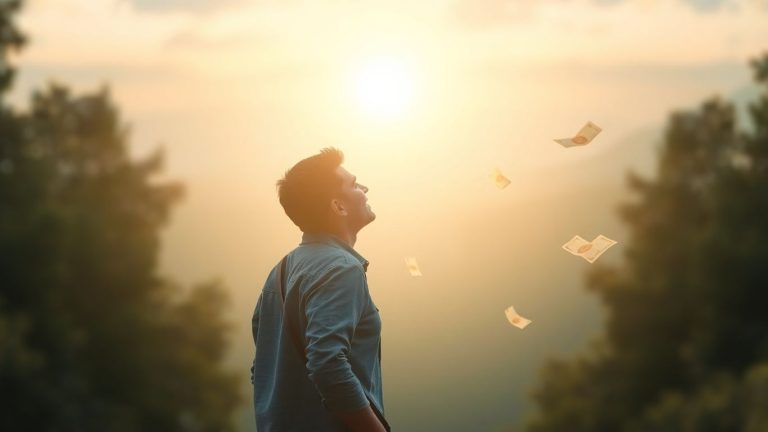 Person looking towards a bright future with financial elements.