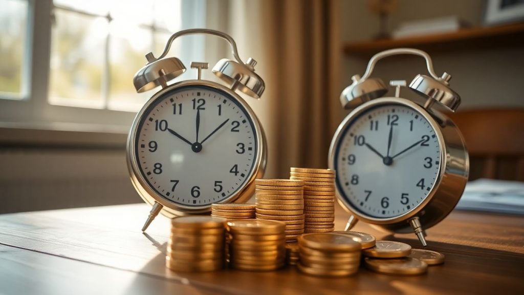 Alarm clock and gold coins on sunny table