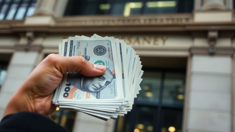 Hand holding money with financial buildings background.
