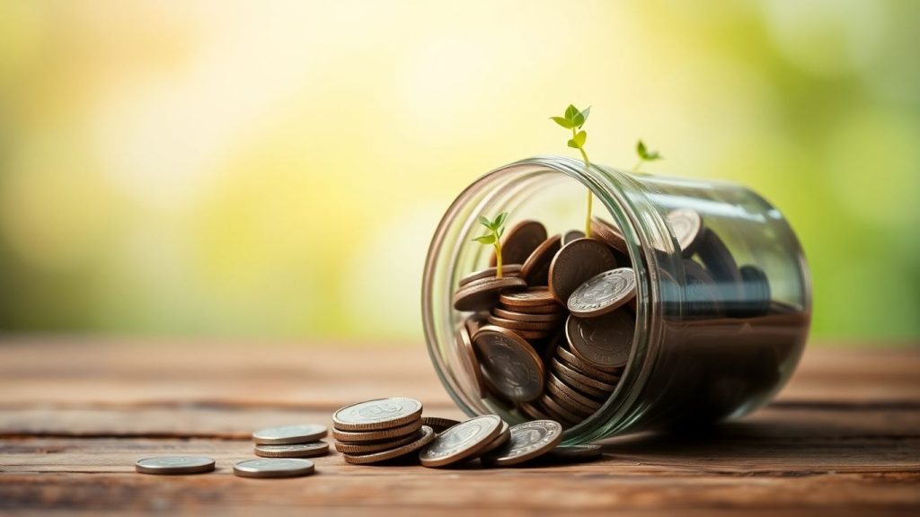 Jar of coins with green sprouts on wooden surface