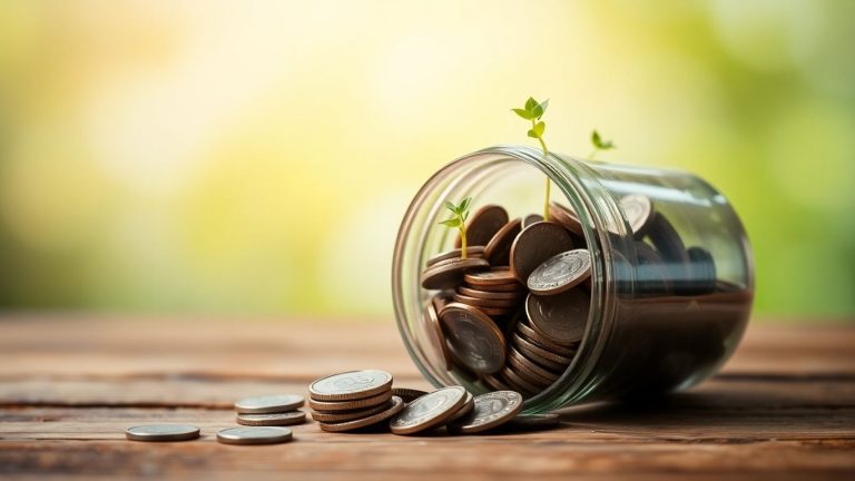 Jar of coins with green sprouts on wooden surface