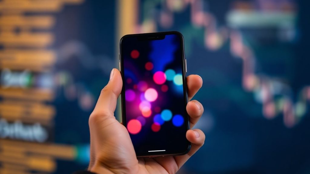 Hand holding smartphone with abstract colorful digital patterns.