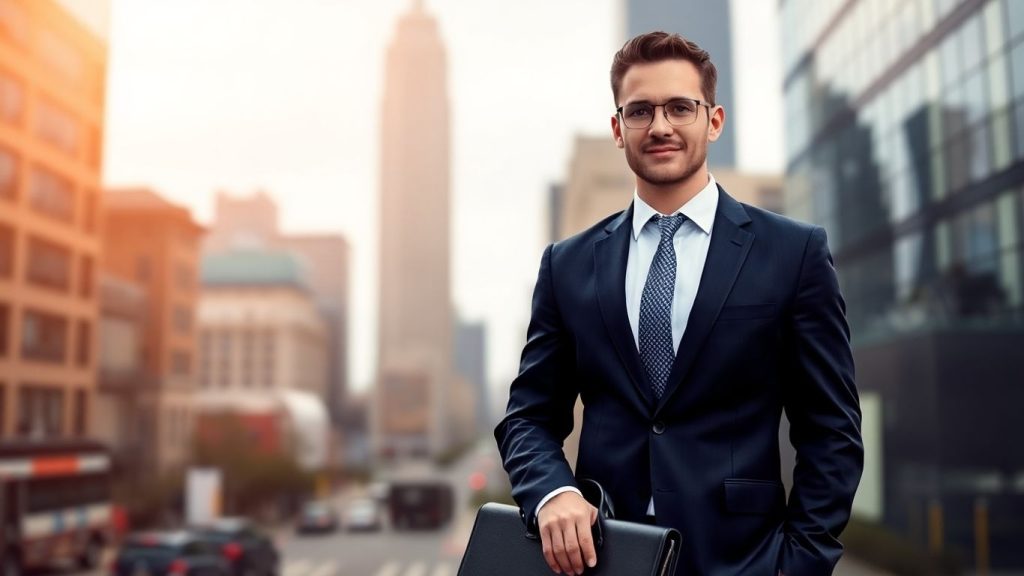 Banker in suit with briefcase, city background.