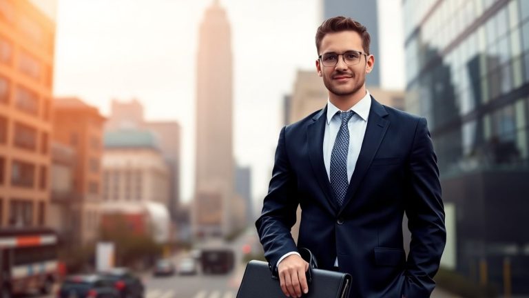 Banker in suit with briefcase, city background.