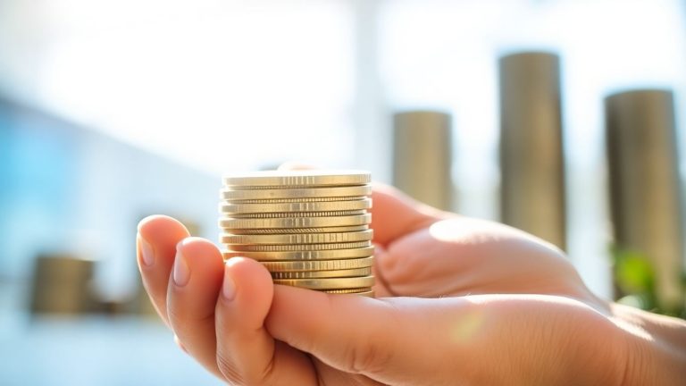 Hand holding coins, financial growth