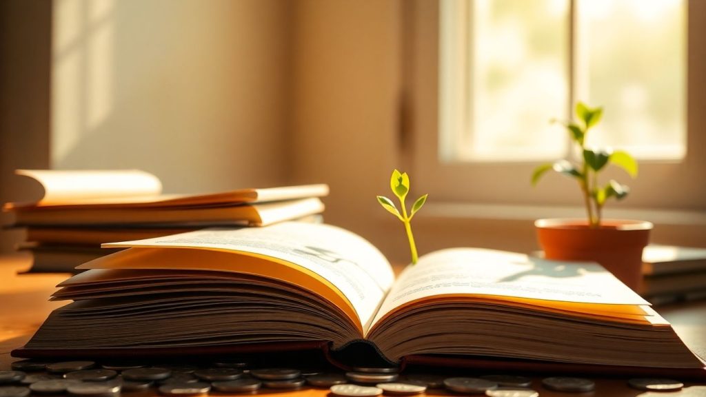 Books, coins, and a plant bathed in sunlight.