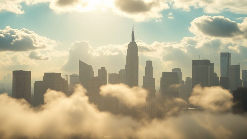 New York skyline with financial charts in clouds.