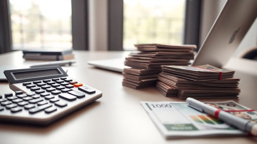 Modern office desk with laptop, calculator, currency, and pen