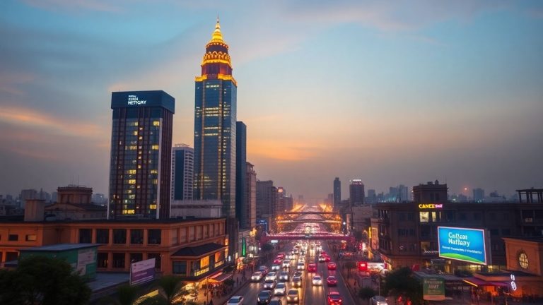 Indian cityscape at dusk, illuminated skyscrapers, bustling streets
