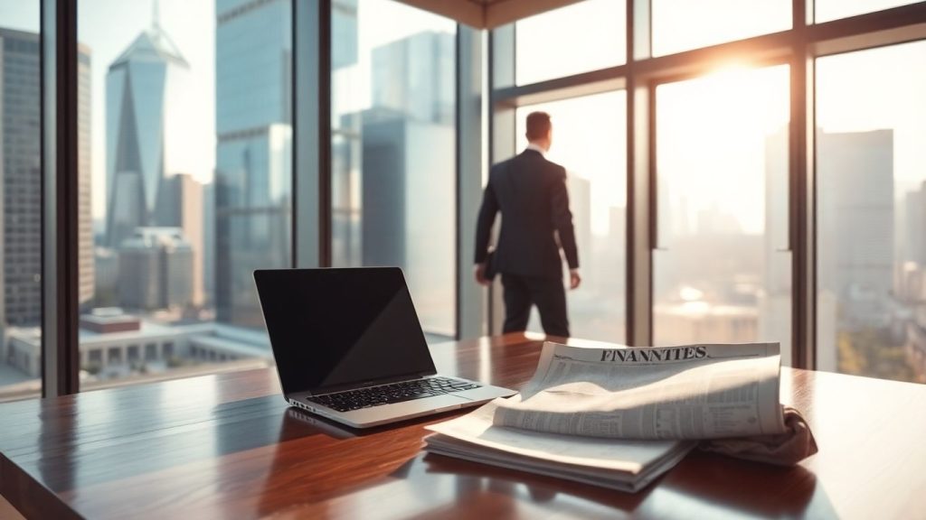 Man in suit walking towards desk in hedge fund office.