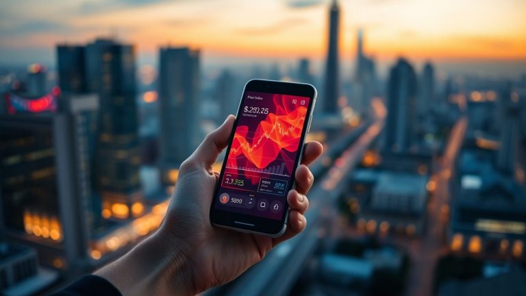 Smartphone displaying financial data with cityscape background.