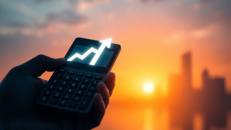 Calculator with upward arrow and city background.