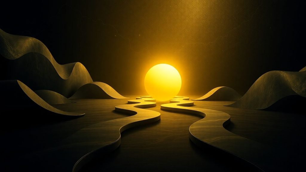 Abstract financial pathways leading to a glowing orb.