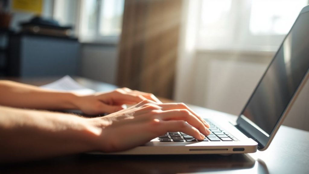 Hands typing on a laptop keyboard, financial document on desk.