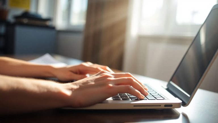 Hands typing on a laptop keyboard, financial document on desk.