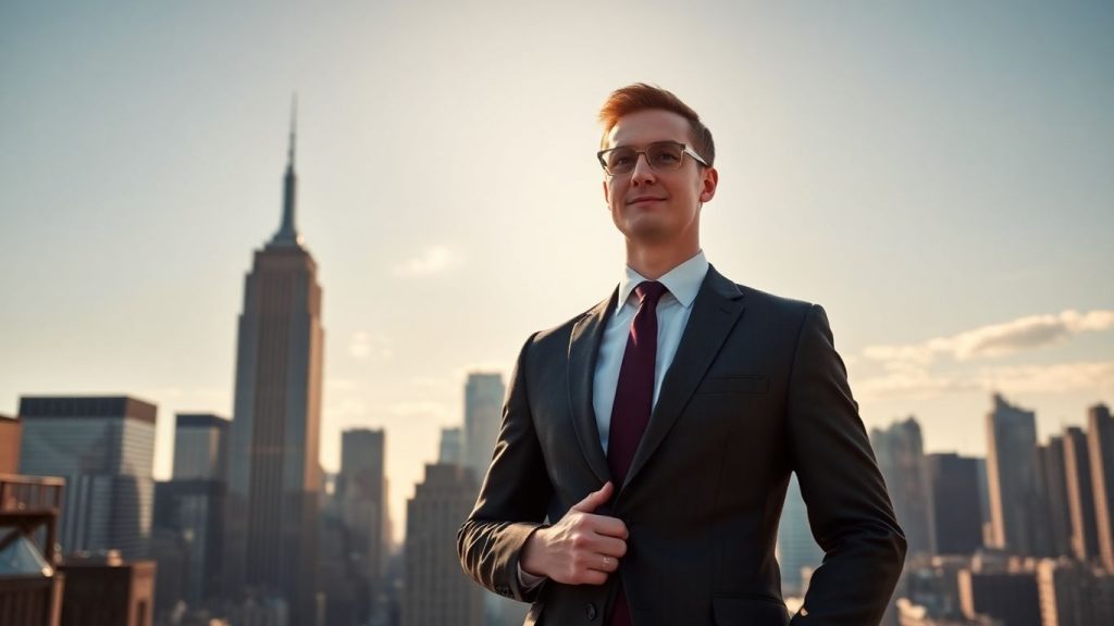Hedge fund analyst in NYC with skyline background.