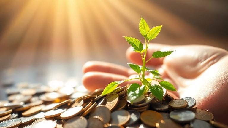 Growing plant from coins, symbolizing investment returns.