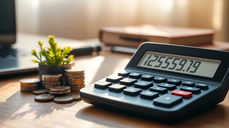 Calculator with coins and plant on desk.