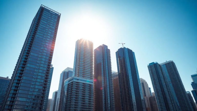 Cityscape with skyscrapers and blue sky.
