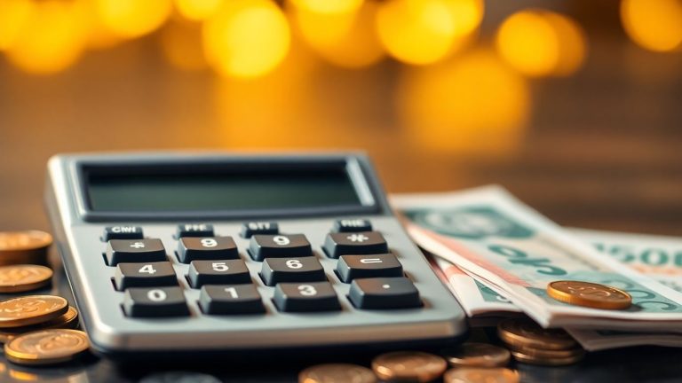 Calculator with dollar sign, coins, and banknotes.