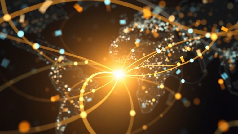 Global finance concept with abstract lights and connections.