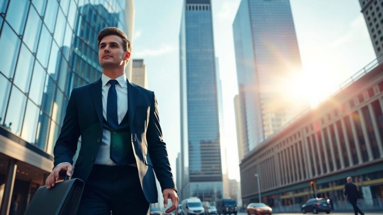 Man in suit walking in financial district