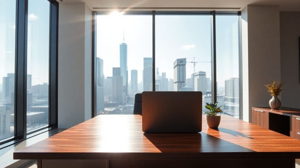 Modern office with city view, desk, and plant.