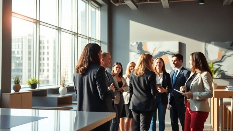 Professionals in a modern office discussing business.