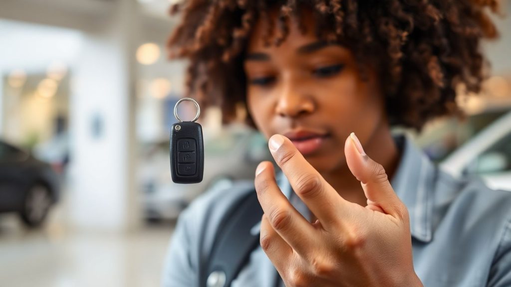 Person holding car key, thinking about finance.