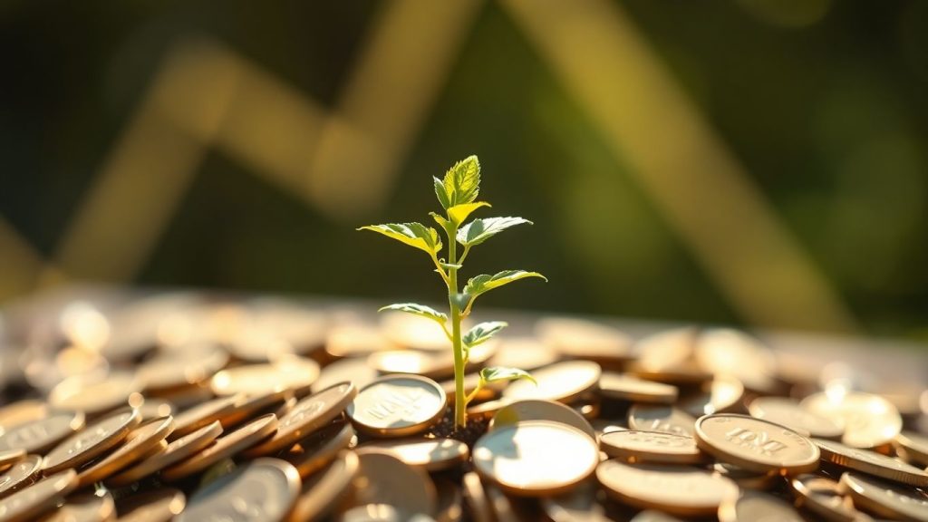 Plant growing from coins, economic growth concept.