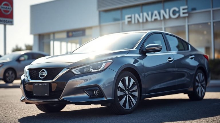 Nissan car in front of dealership, auto loan and lease guide