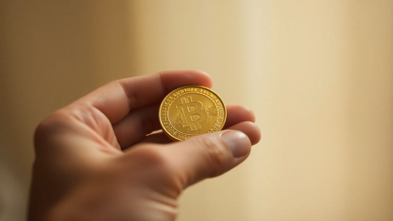 Hand holding a gold coin, investment concept.