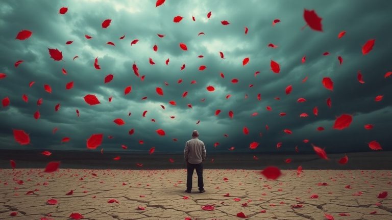 Person facing stormy sky, fallen leaves, cracked ground.