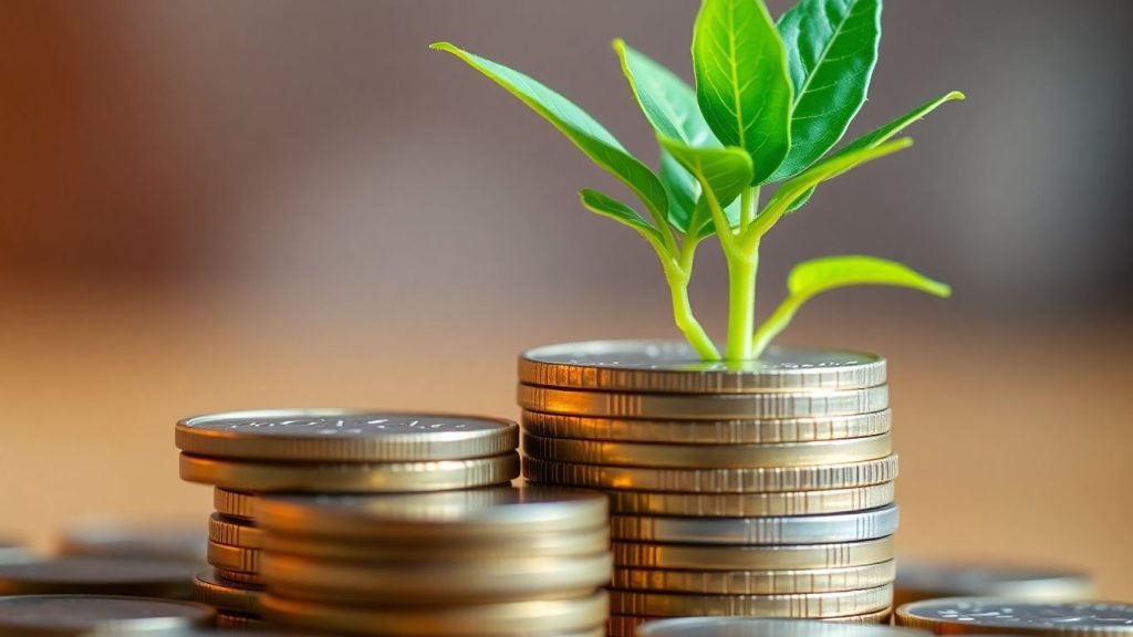 Stack of coins with growing green leaves.