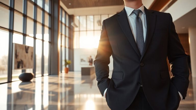 Man in suit walking into hedge fund office