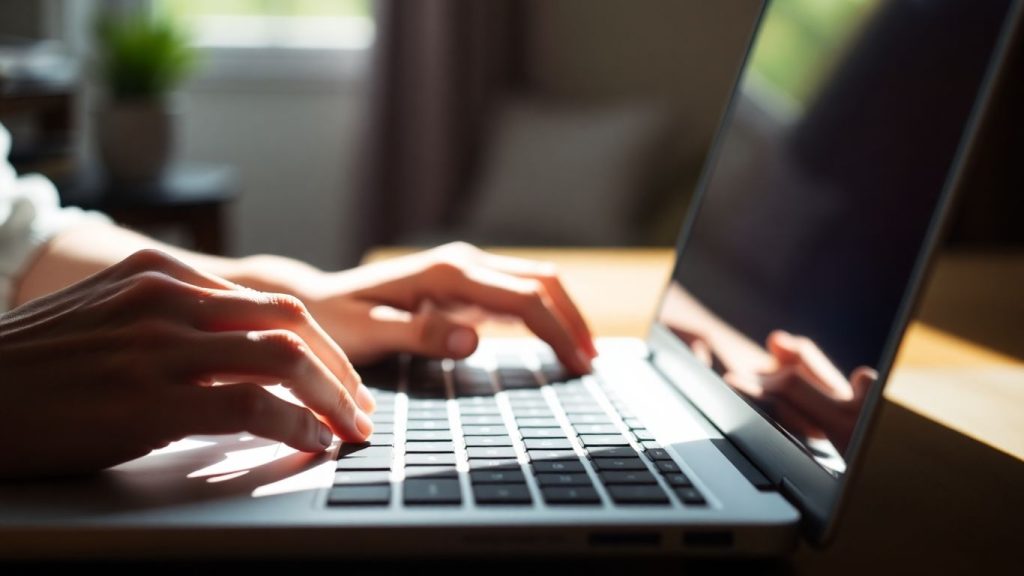 Hands typing on a laptop keyboard with sunlight.