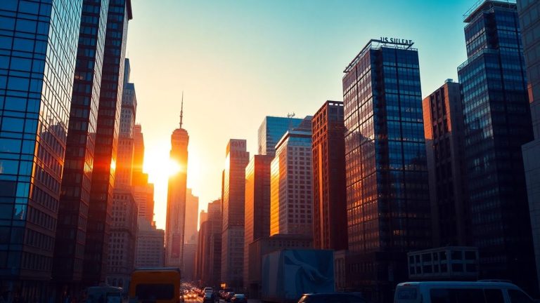 Cityscape with sun rising, suggesting market growth.