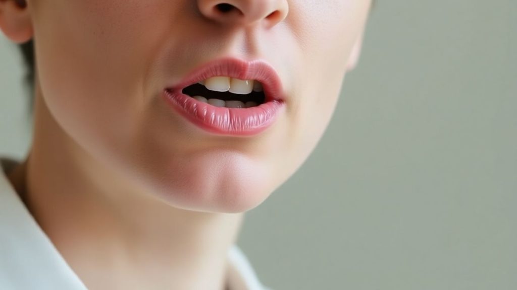 Person speaking, focusing on mouth and lips.