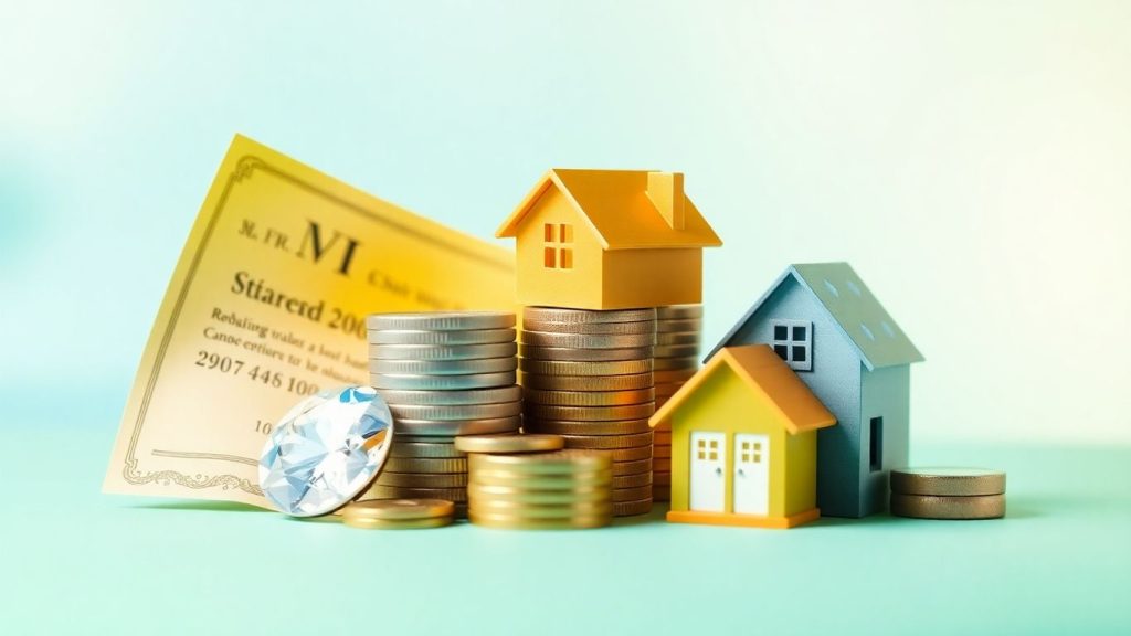 Diverse investment assets collage: stock, coins, house, diamond.