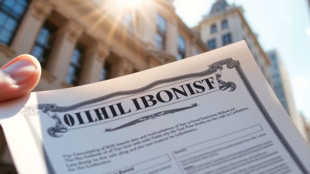 Financial bond certificate held in hand.