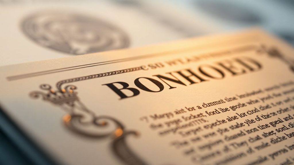 Close-up of a metallic bond certificate.
